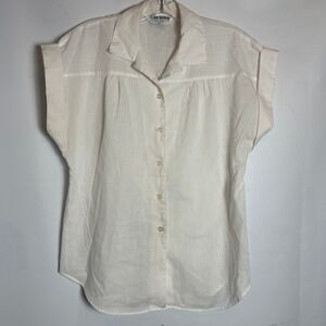 Vintage Judy Bond White Short Cap Sleeve Button Down Blouse Pleated Top Size 10